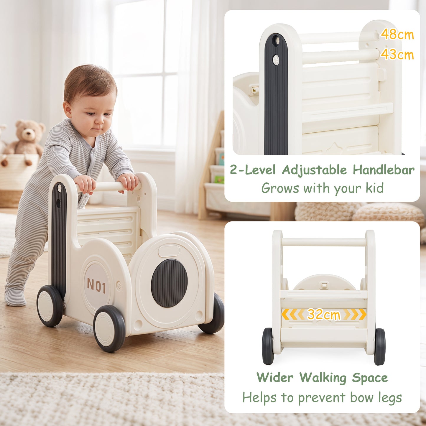 Grey Train Toy Box With Wheels | 4-in-1 Toddler Walker