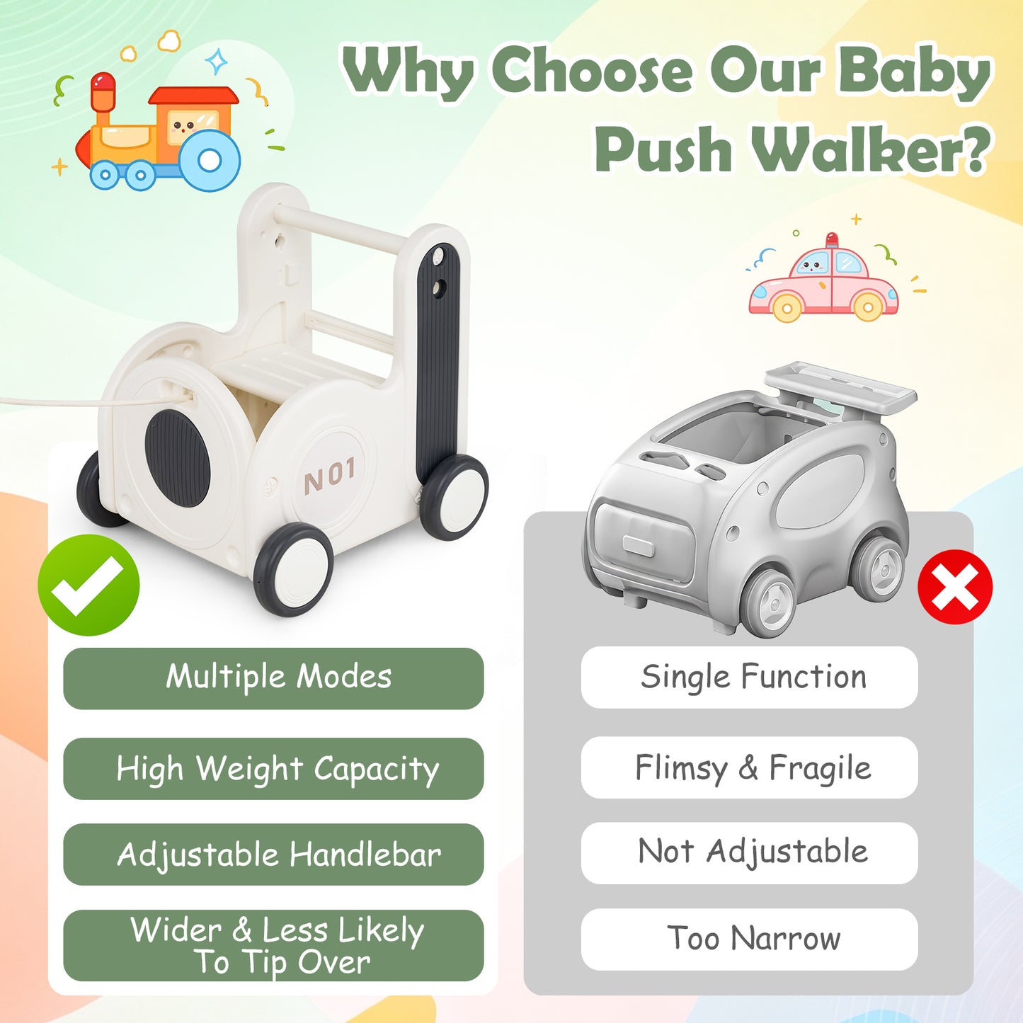 Grey Train Toy Box With Wheels | 4-in-1 Toddler Walker