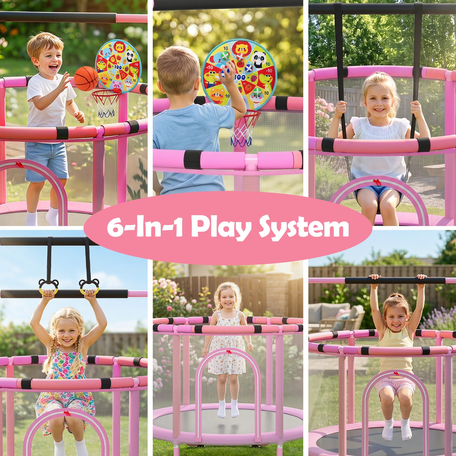 Costway 55 Inch Trampoline for Kids with Enclosure 6-in-1 Indoor Outdoor Toddler Trampoline-Purple