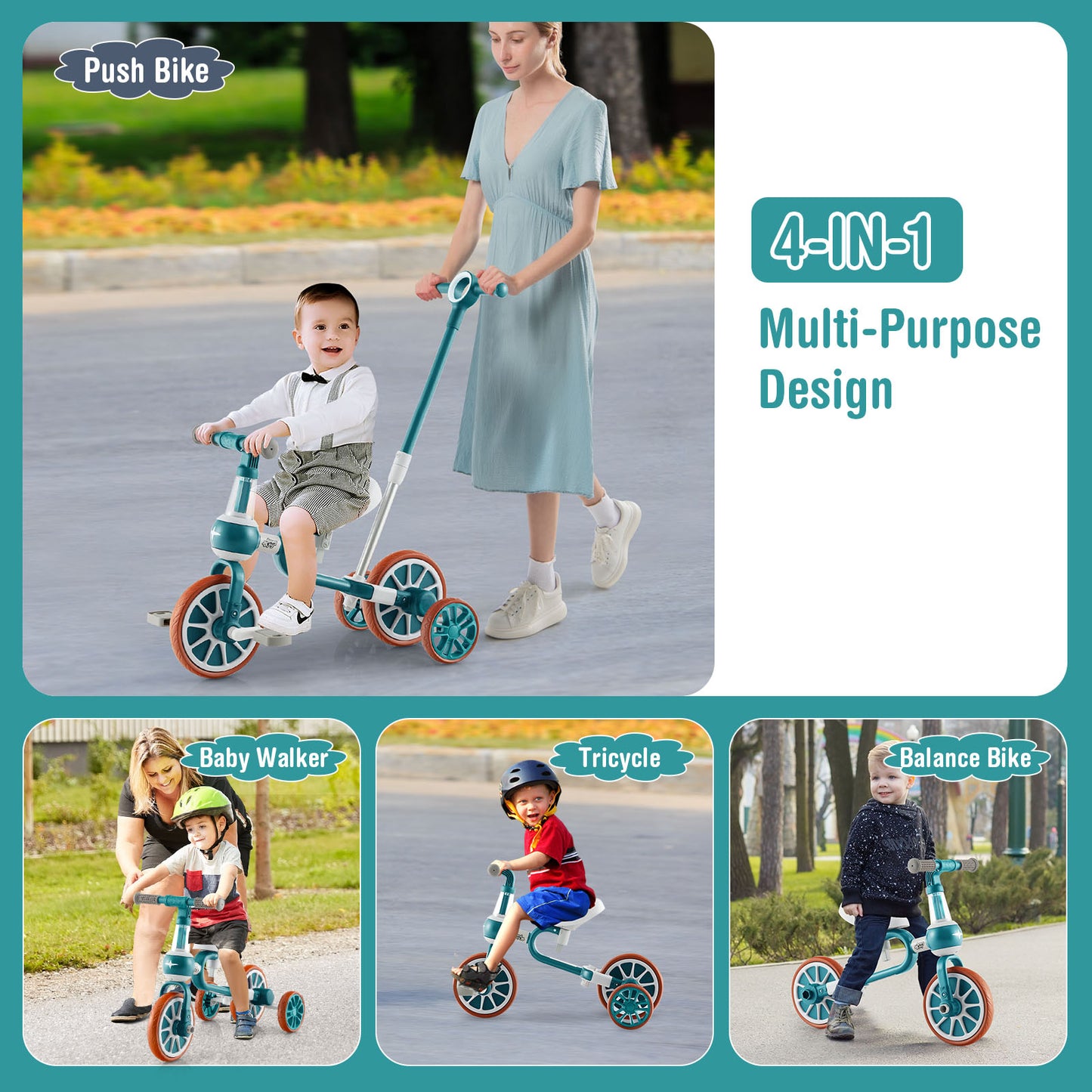 4 In 1 Kids Trike | Adjustable Push Handle | Green | Ages 2-4