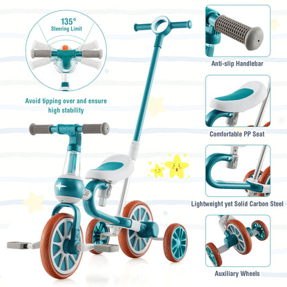 4 In 1 Kids Trike | Adjustable Push Handle | Green | Ages 2-4