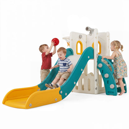6-in-1 Yellow Toddler Slide Set | Climber Basketball Hoop