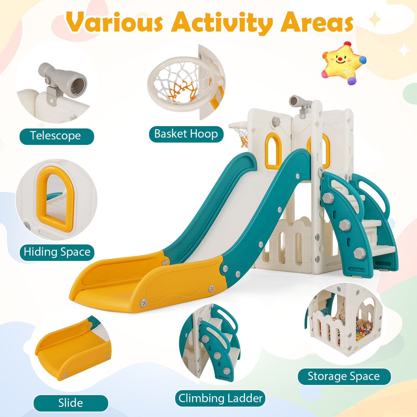 6-in-1 Yellow Toddler Slide Set | Climber Basketball Hoop