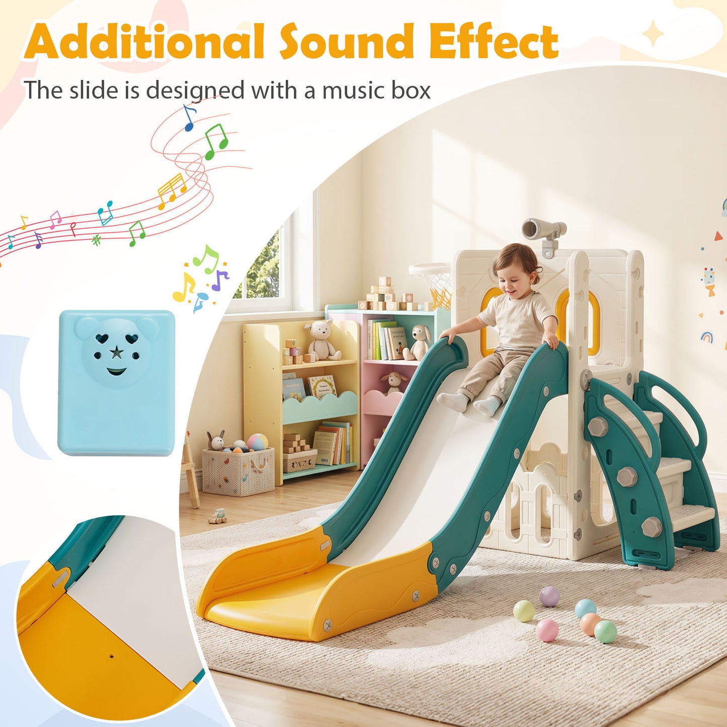 6-in-1 Yellow Toddler Slide Set | Climber Basketball Hoop
