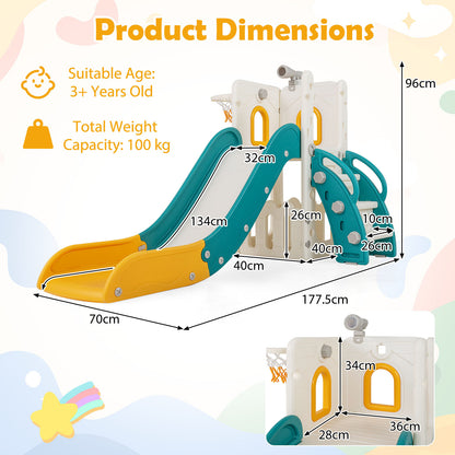 6-in-1 Yellow Toddler Slide Set | Climber Basketball Hoop
