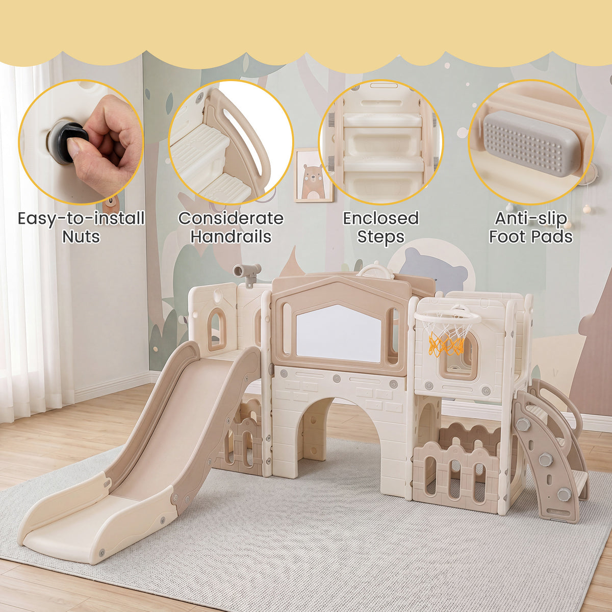 Grey Kids Slide Playset | Basketball Hoop Music Box 9-in-1