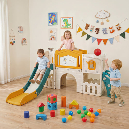 Yellow Kids Slide Playset | Basketball Hoop Music Box 9-in-1
