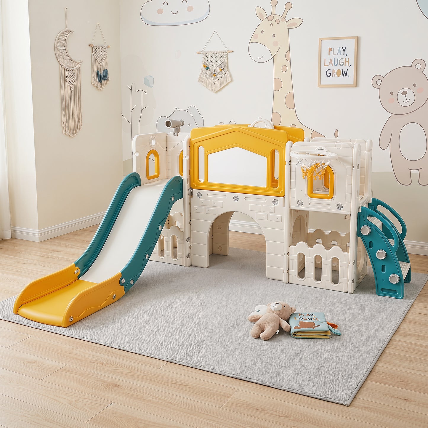 Yellow Kids Slide Playset | Basketball Hoop Music Box 9-in-1