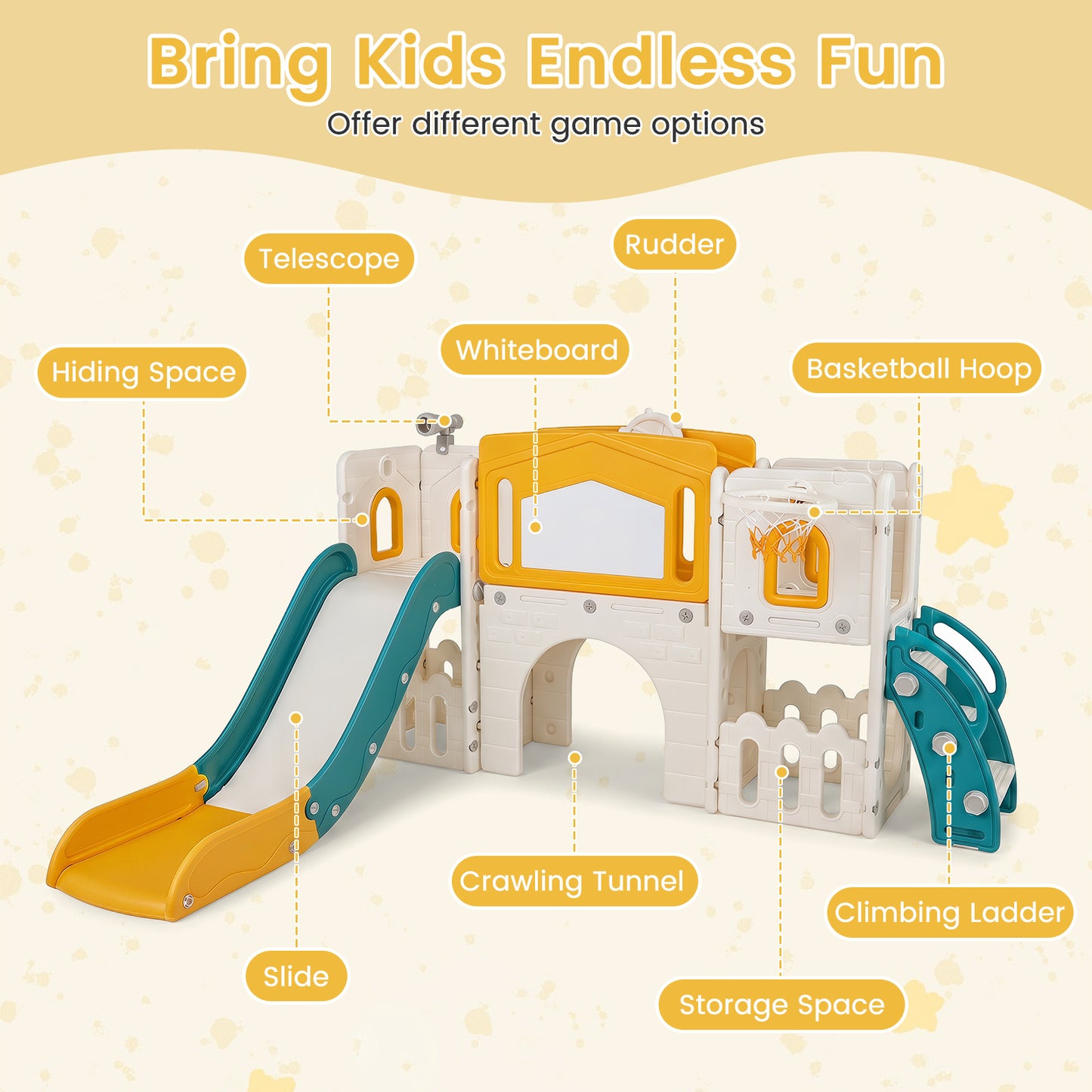 Yellow Kids Slide Playset | Basketball Hoop Music Box 9-in-1