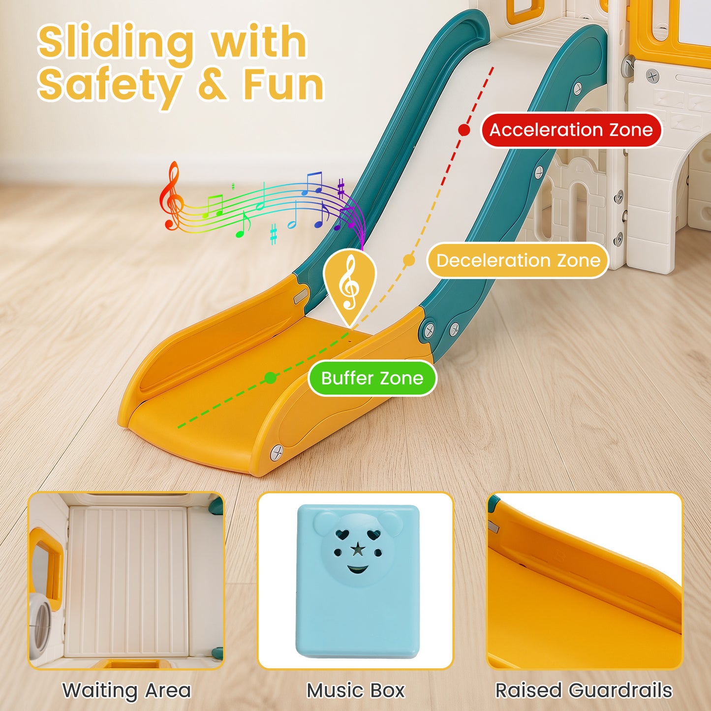 Yellow Kids Slide Playset | Basketball Hoop Music Box 9-in-1