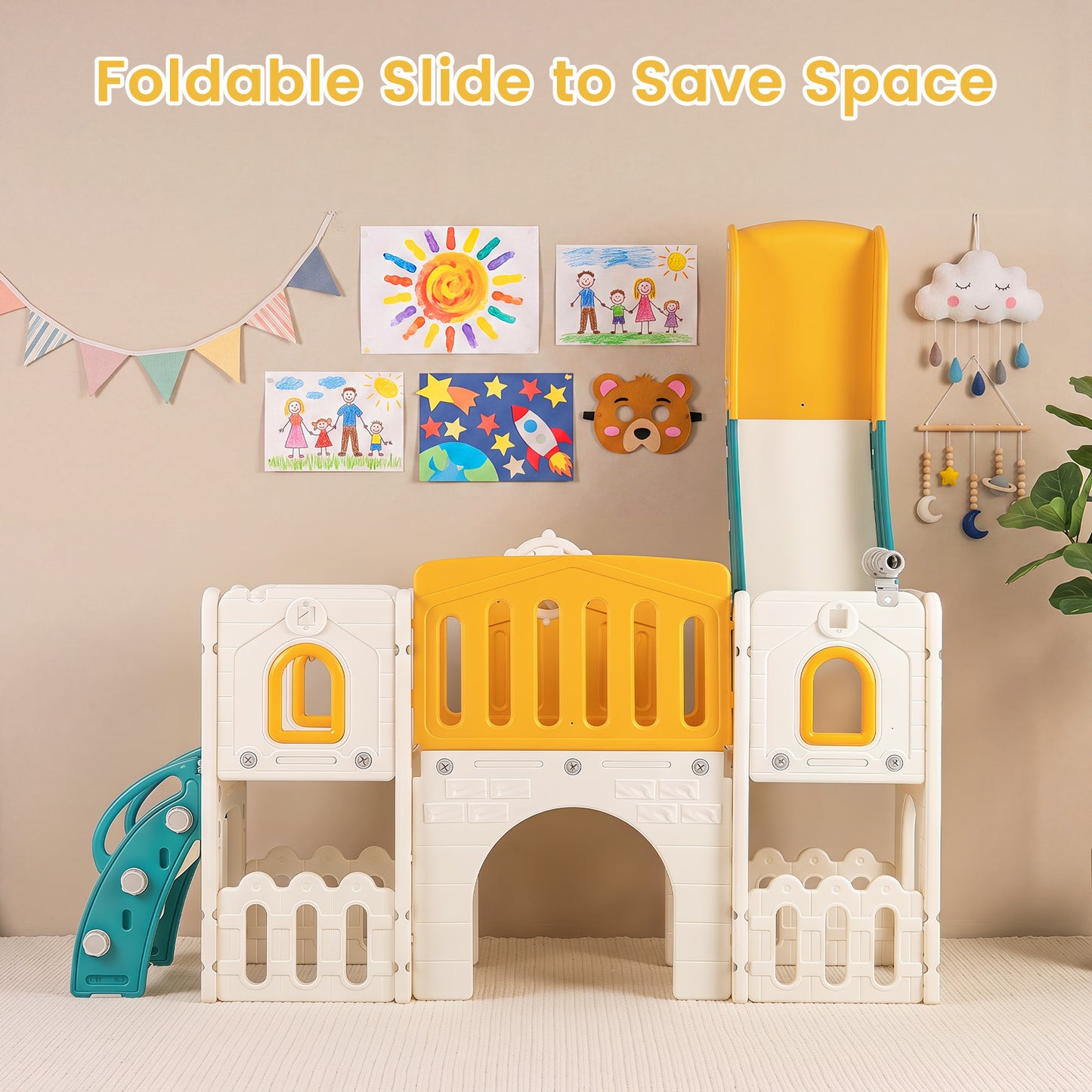 Yellow Kids Slide Playset | Basketball Hoop Music Box 9-in-1