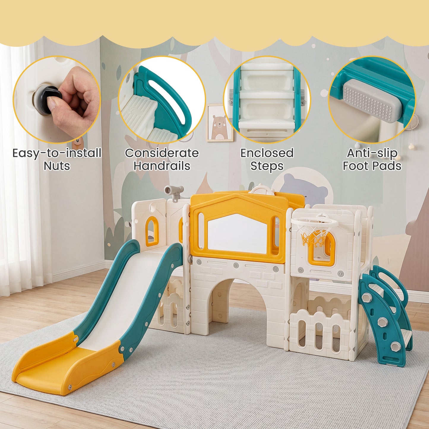 Yellow Kids Slide Playset | Basketball Hoop Music Box 9-in-1