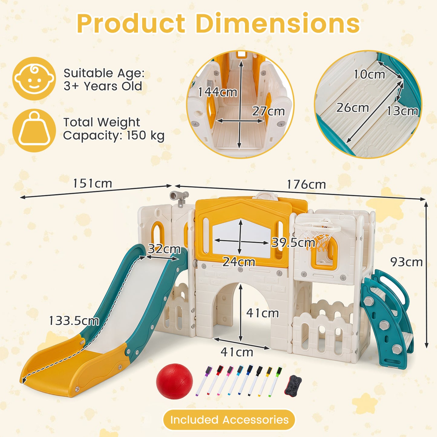 Yellow Kids Slide Playset | Basketball Hoop Music Box 9-in-1