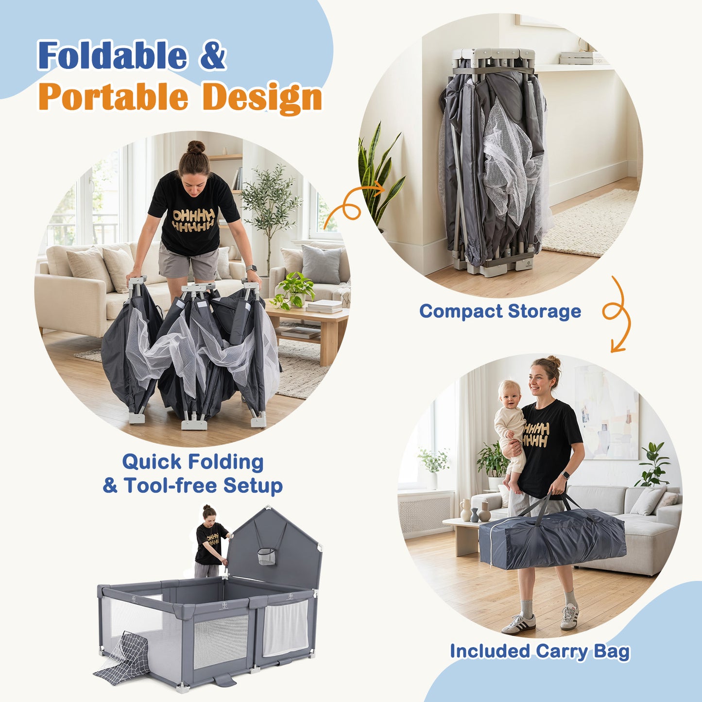 Grey Foldable Baby Playpen | Basketball Hoop Soccer Goal & Balls