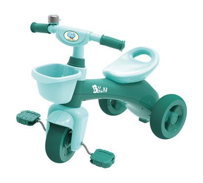 Green tricycle for kids 3+, designed for indoor and outdoor fun.