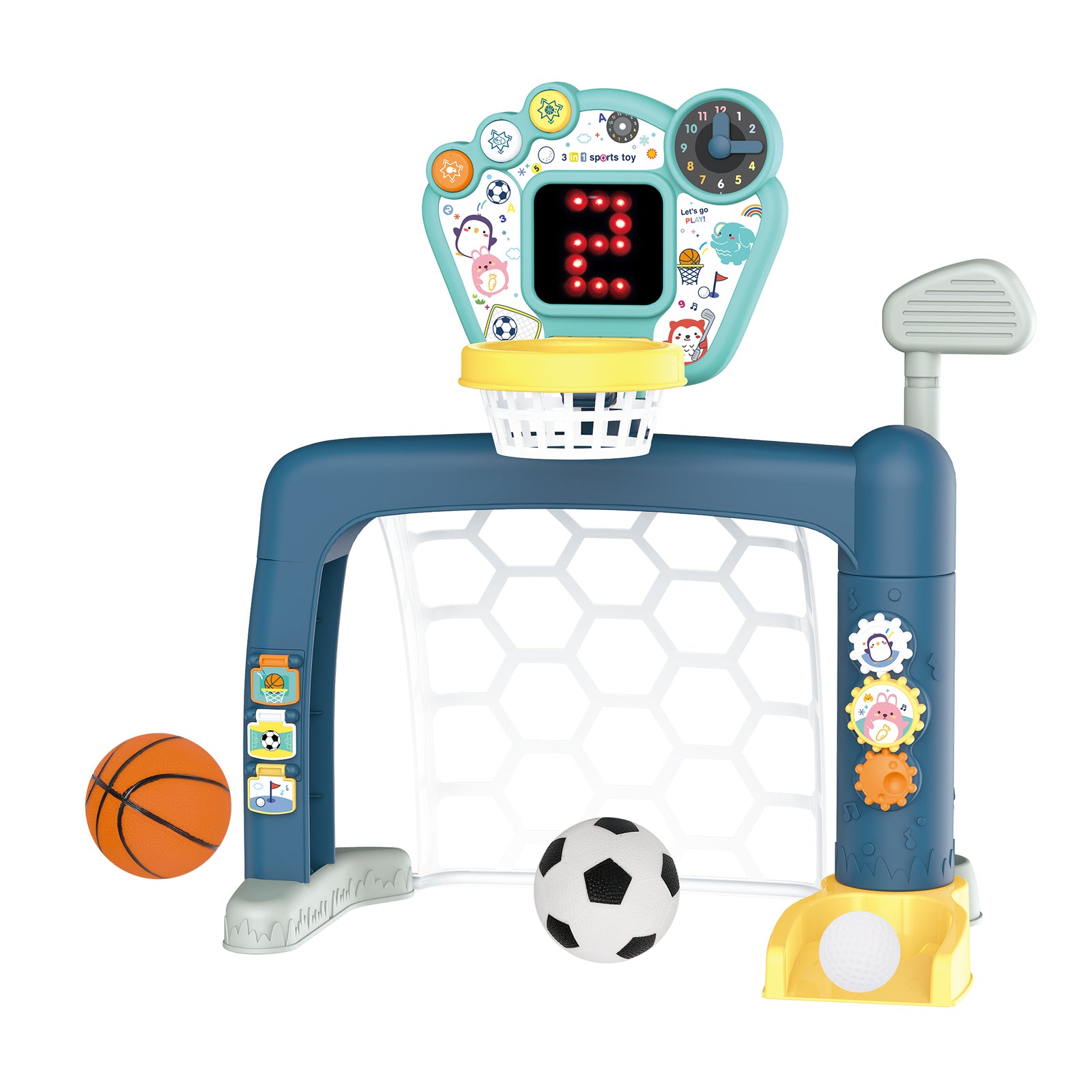 Versatile 3-in-1 indoor sports set for kids - basketball, soccer and golf activities at home