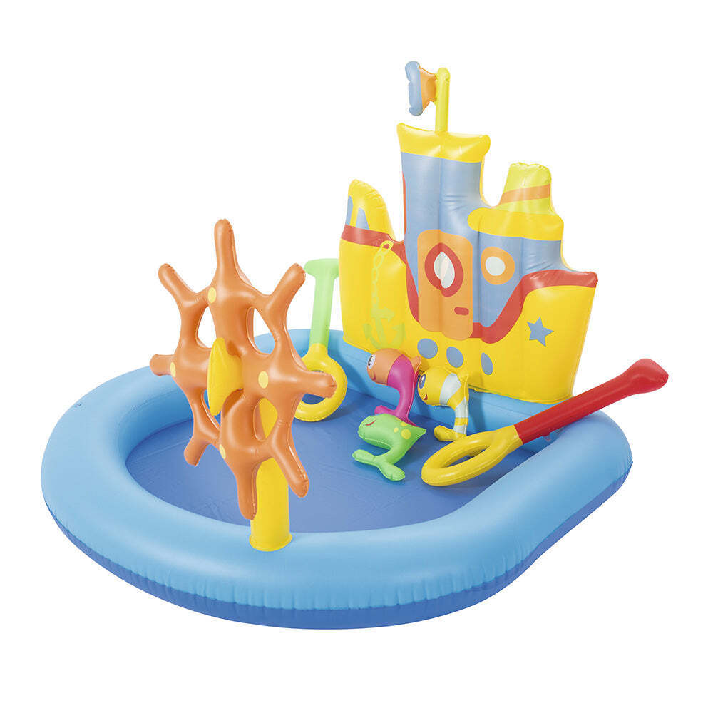 Inflatable tug boat play pool with accessories for kids - perfect backyard summer fun.