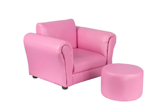 Kids PU leather sofa chair and footstool in pink or grey for cozy home seating.