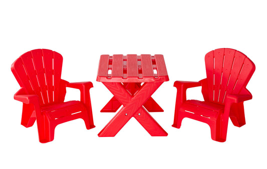 Red Kids Table and Chairs Set made of durable PP for playful home activities.