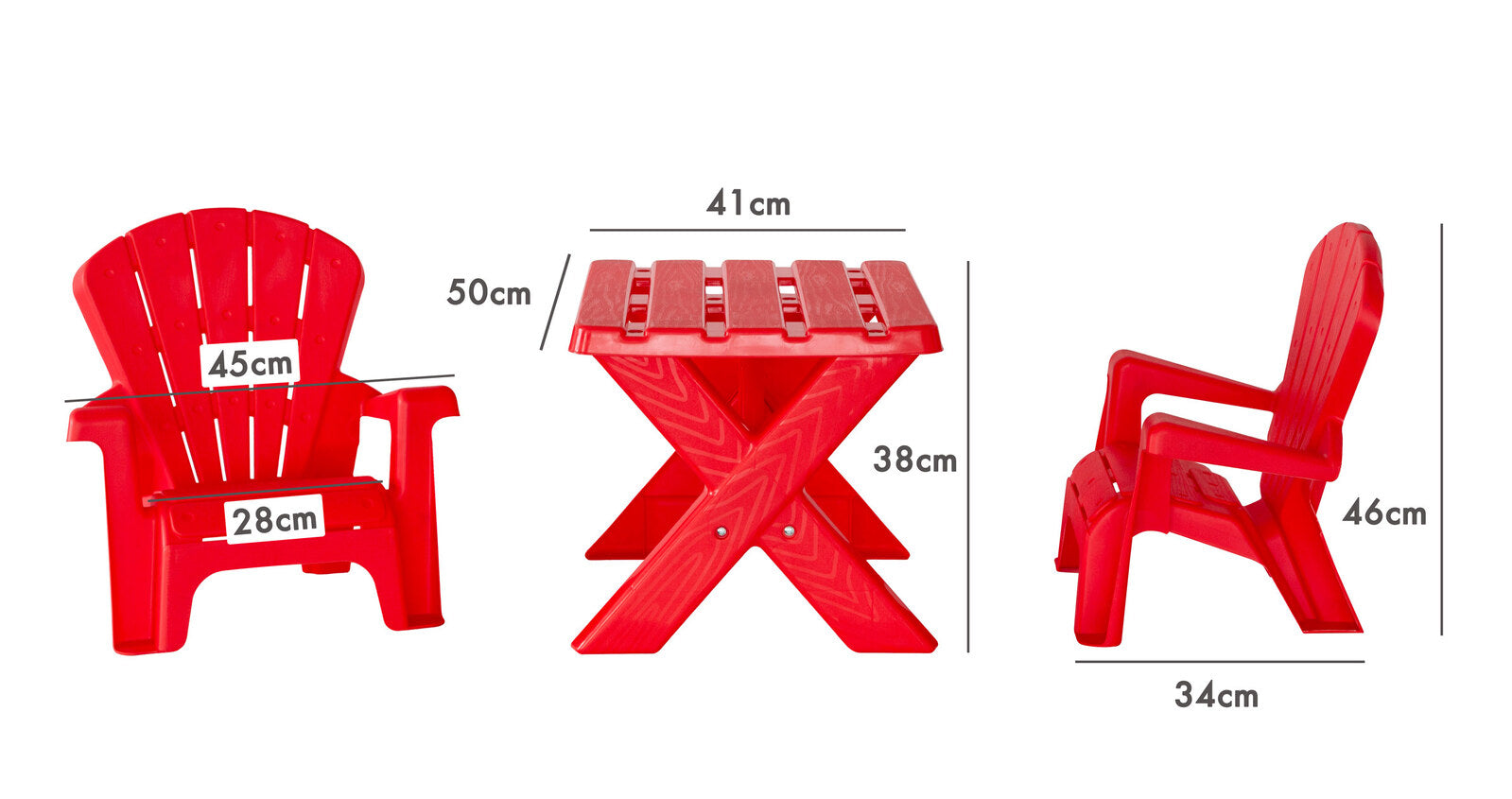 Red kids table and chairs set made from durable PP material for home play.