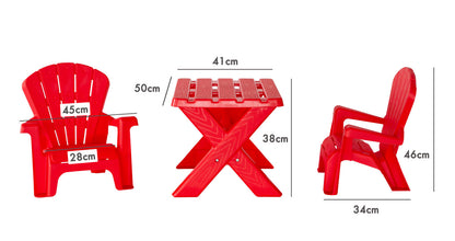 Red kids table and chairs set made from durable PP material for home play.