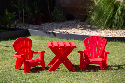 Red kids table and chairs set made of durable PP material for home play area.