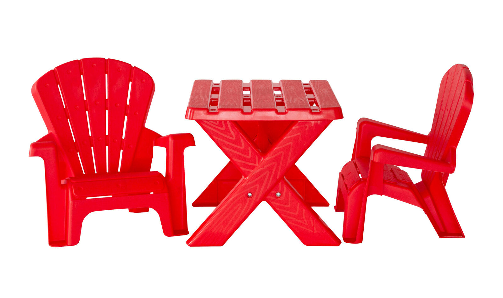 Red kids table and chairs set made of durable PP material for play and study.