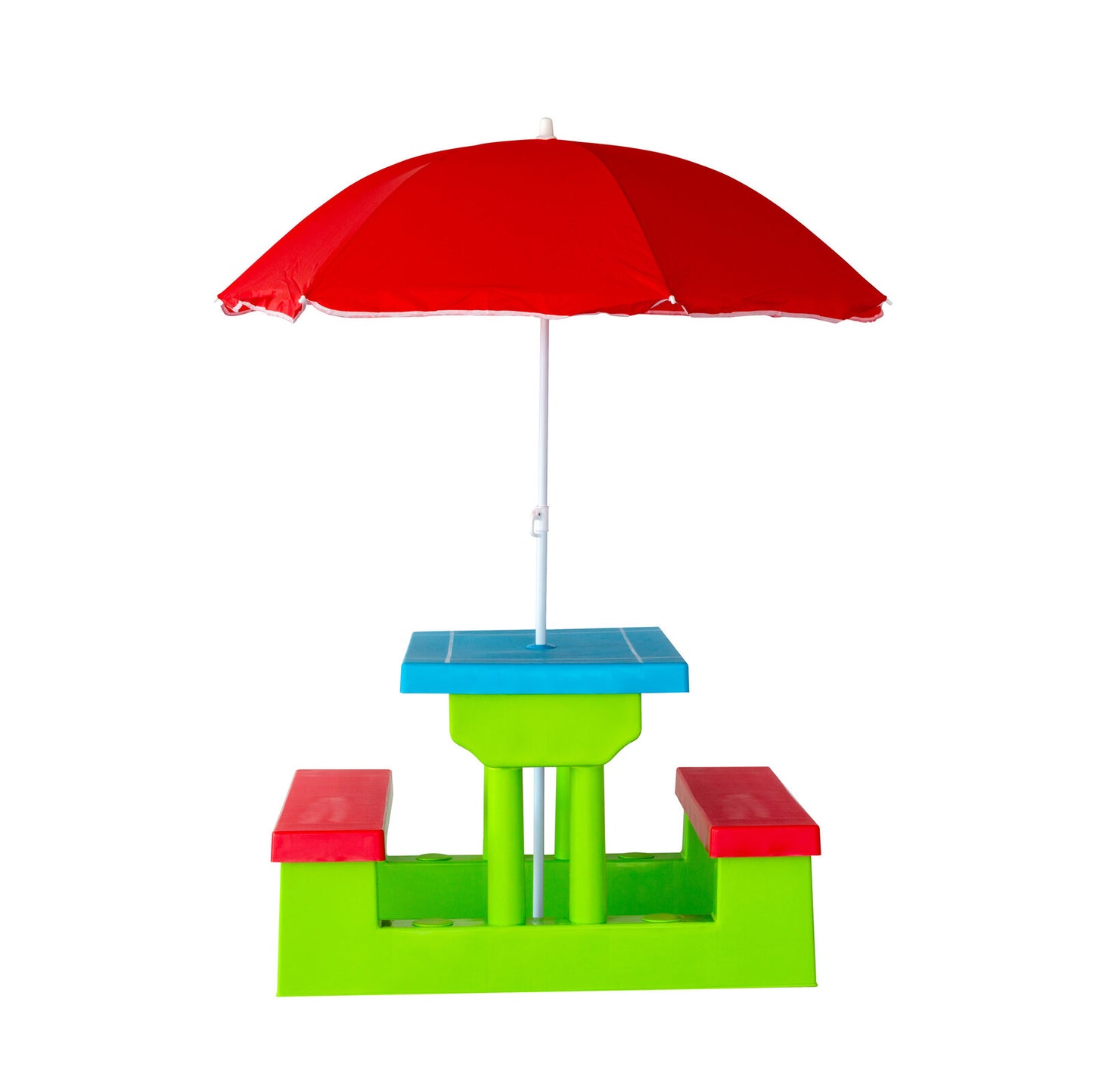 Colorful kids picnic table set with umbrella for outdoor play and dining activities.