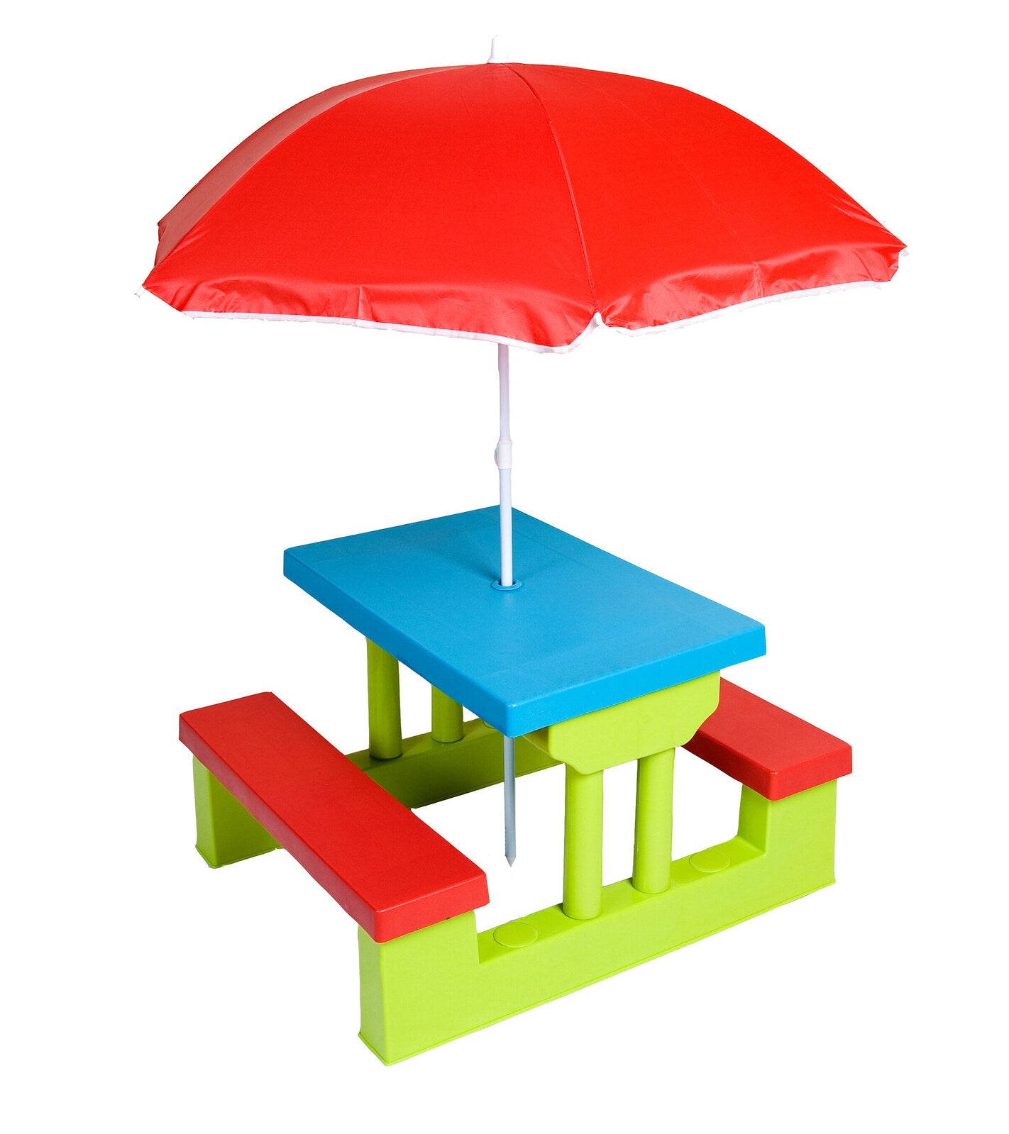 Kids Outdoor Picnic Table Set with Umbrella for fun backyard playtime. Child-sized.