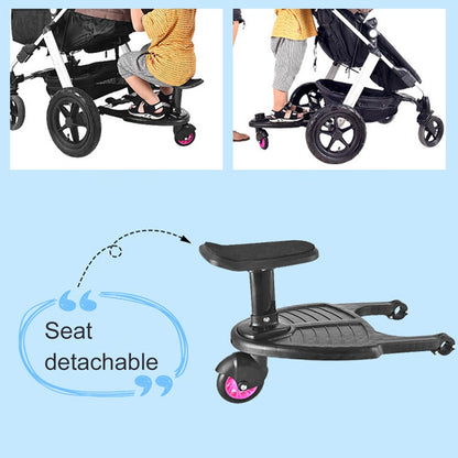 Pink stroller step board for toddlers to glide along, universal attachment for buggy.