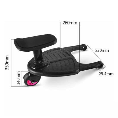 Pink stroller step board for toddlers, attaches to any buggy, providing fun ride-along experience.