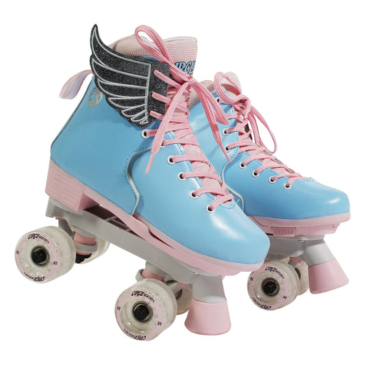 Circle Society adjustable kids roller skates in Cotton Candy color, perfect for fun at home.