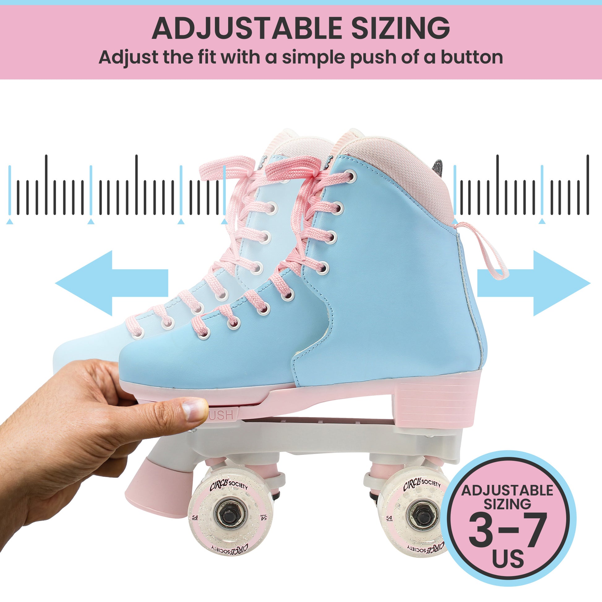 Circle Society adjustable kids roller skates in Cotton Candy design for fun at home.