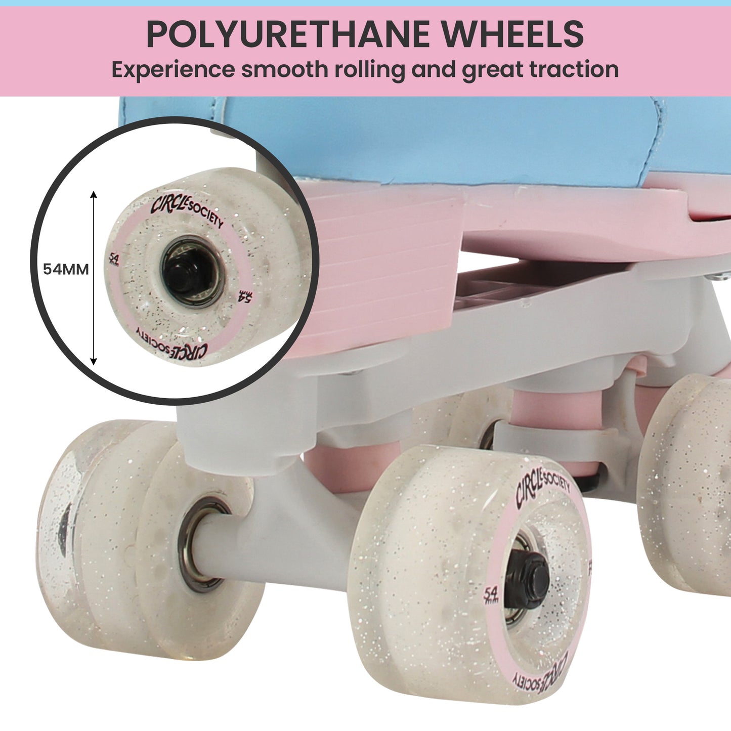 Circle Society Adjustable Kids Roller Skates in Cotton Candy color for fun at home.