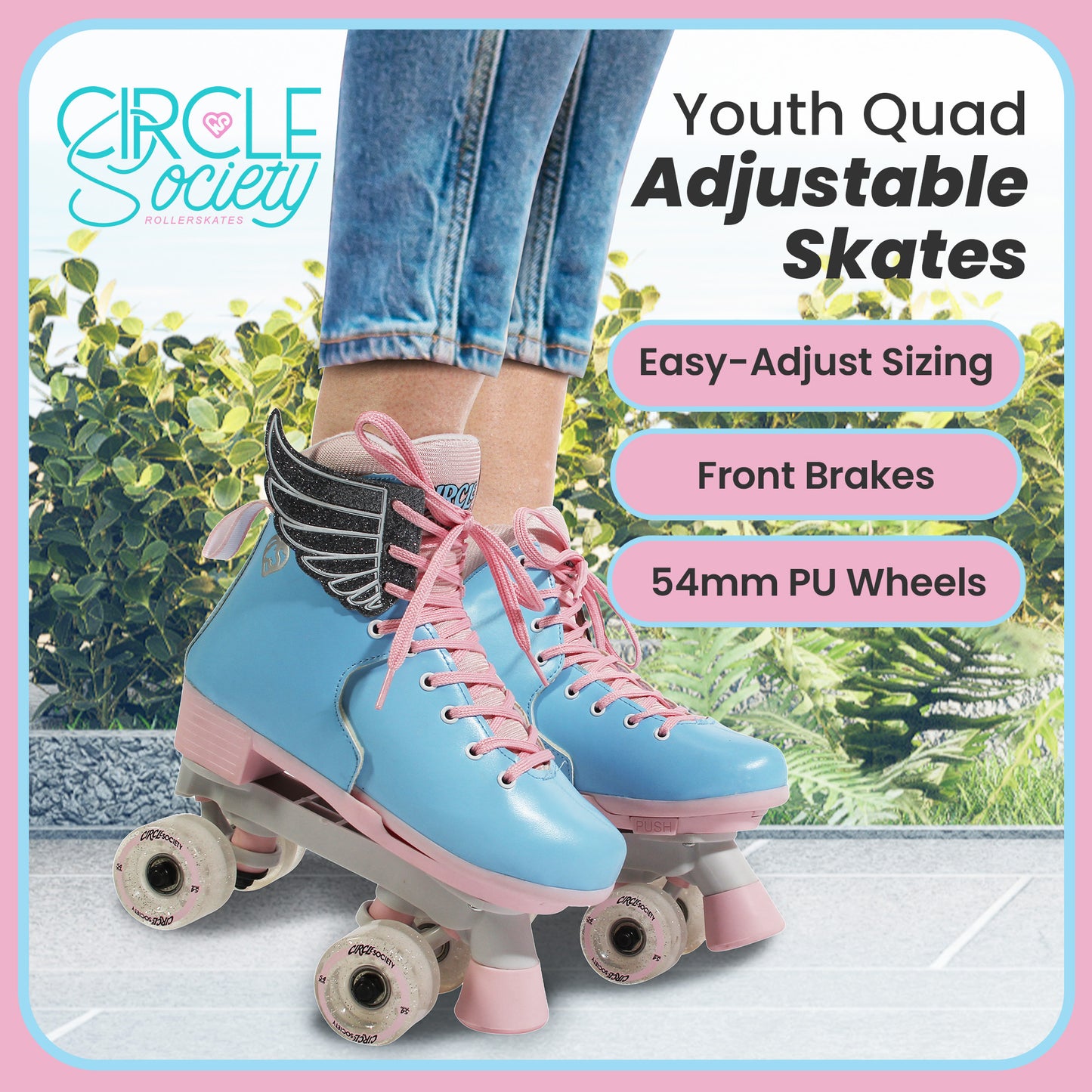 Circle Society Adjustable Kids Roller Skates in Cotton Candy color, perfect for at-home fun.