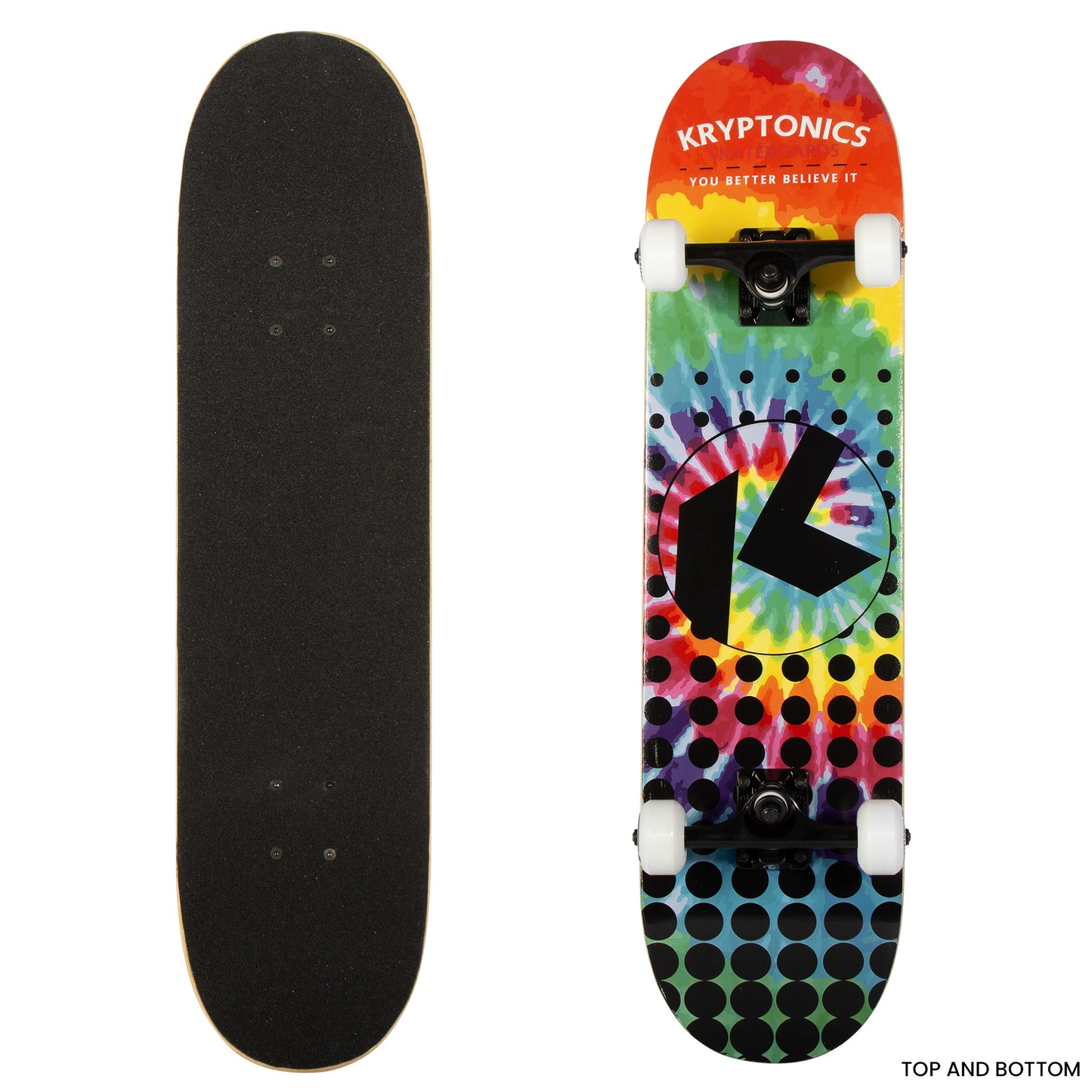 Colorful childs skateboard with rainbow dot star design, perfect for fun at home.