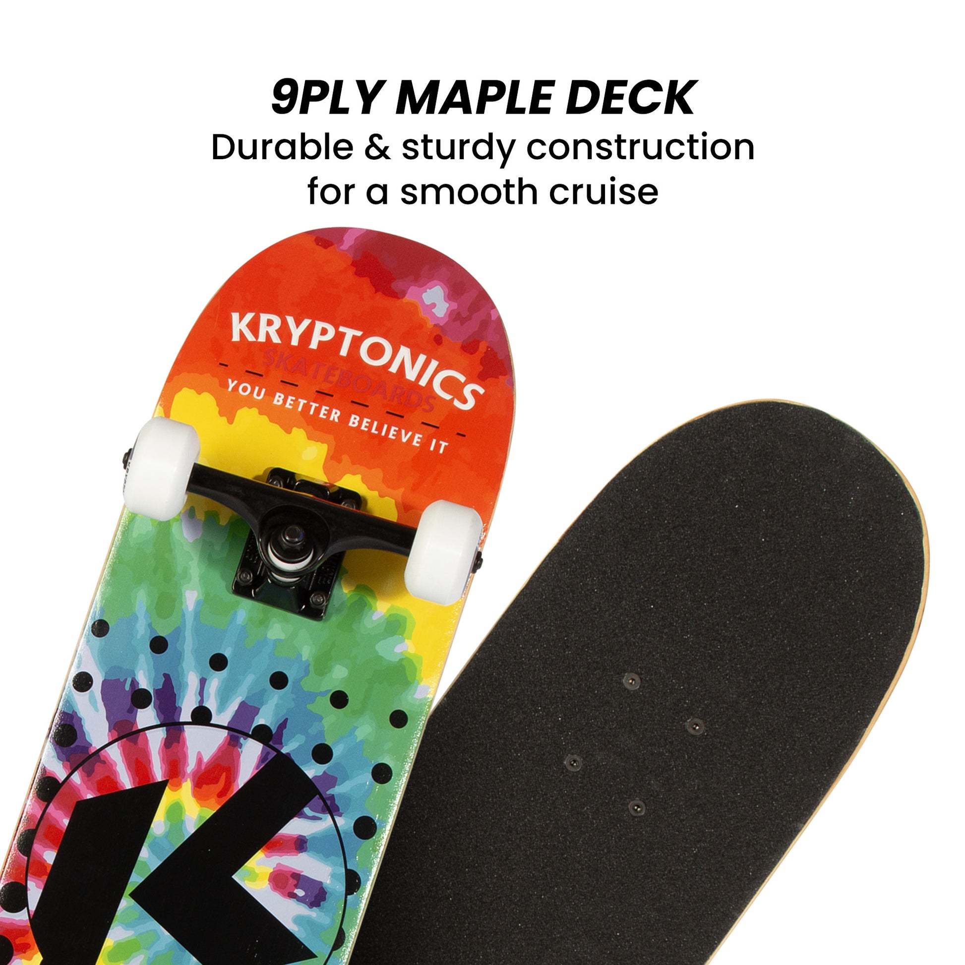 Colorful Kryptonics 31 skateboard with rainbow dot star design for kids recreational play at home.