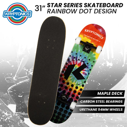 Colorful Kryptonics 31 Rainbow Dot Skateboard for Kids - ideal for fun home skating adventures.