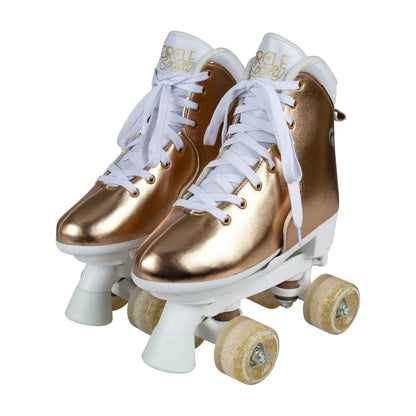 Adjustable rose gold roller skates for kids, ideal for fun and active indoor play.