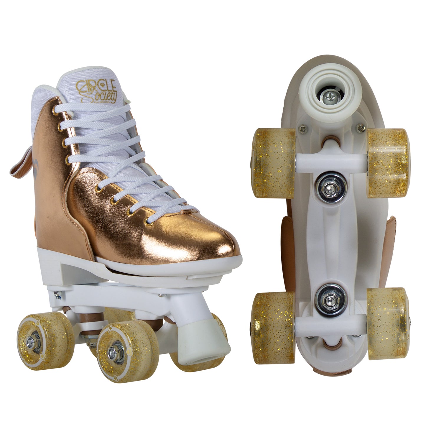 Adjustable rose gold roller skates for kids, perfect for fun and safe indoor playtime.