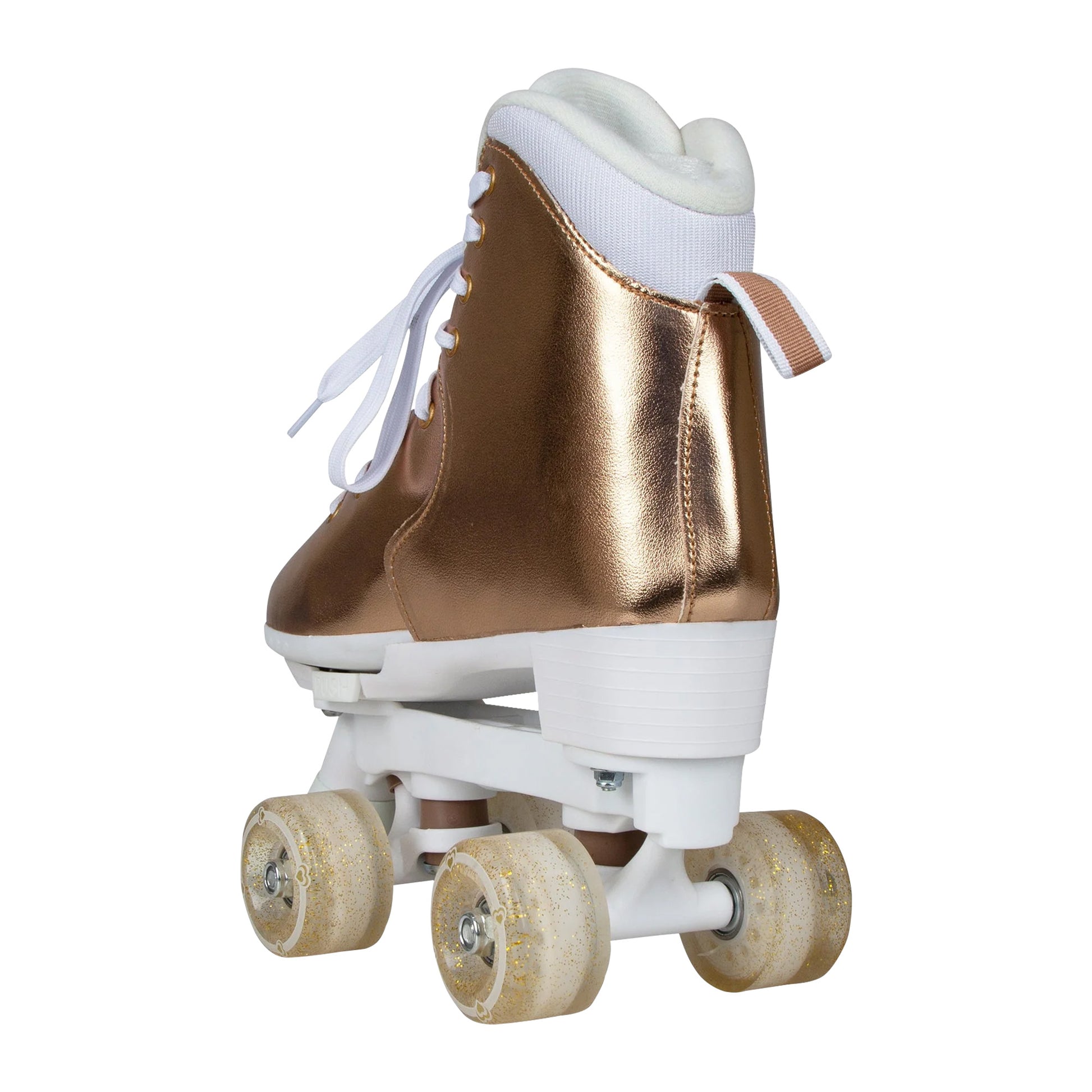 Kids rose gold roller skates with adjustable sizing, perfect for indoor fun at home.