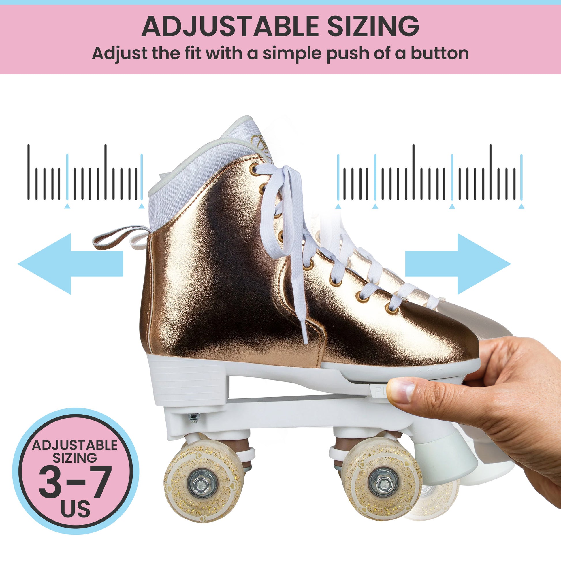 Adjustable rose gold roller skates for kids with vibrant design for fun at home.