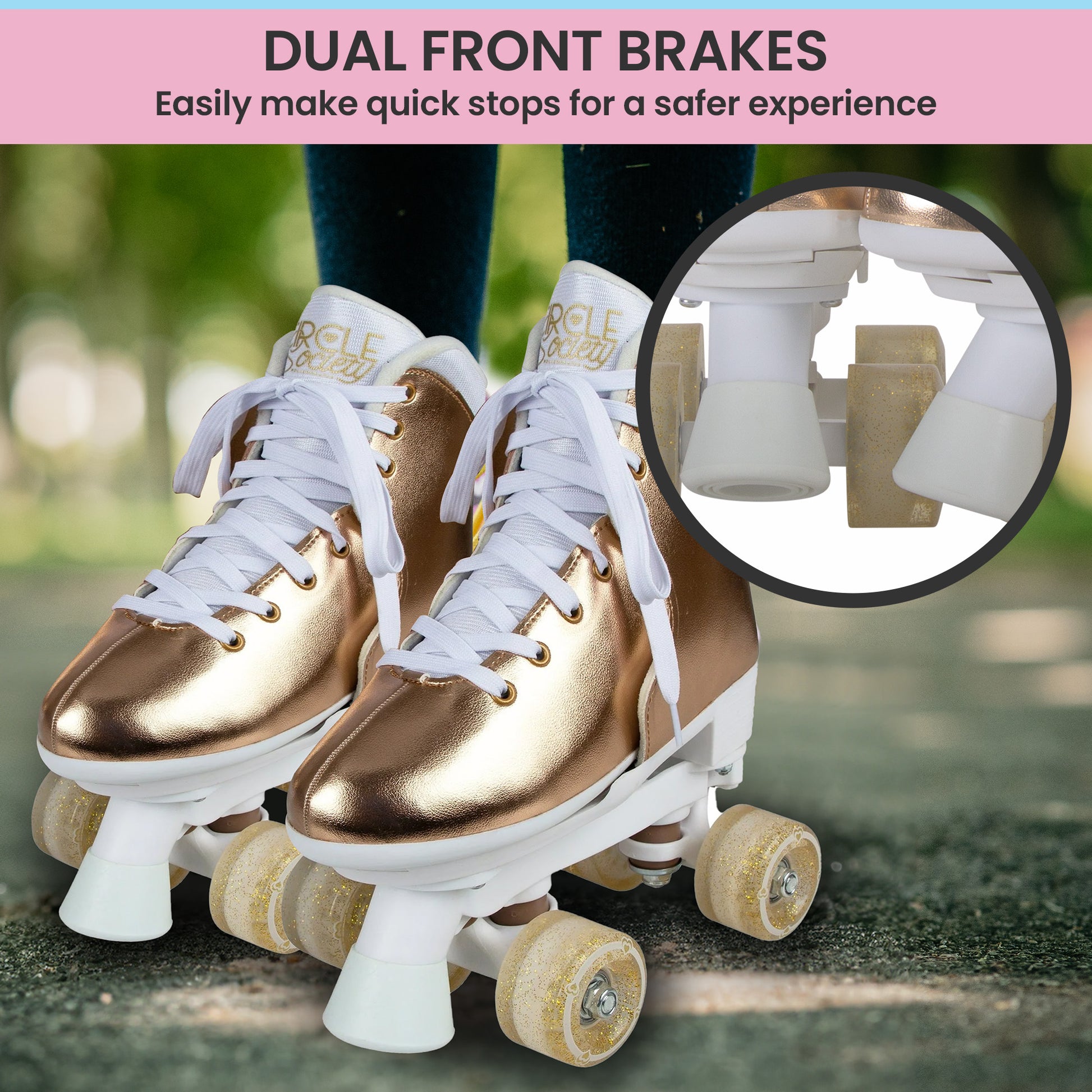 Adjustable Rose Gold Roller Skates for kids, perfect for home fun and stylish skating.