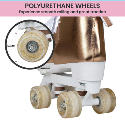 Adjustable rose gold roller skates designed for kids, perfect for indoor fun and exercise.