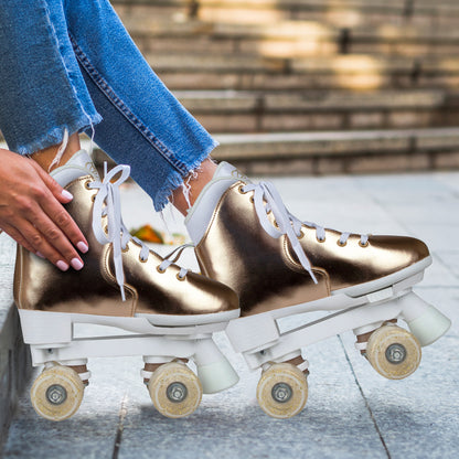 Adjustable rose gold roller skates for kids, perfect for fun and active indoor playtime.