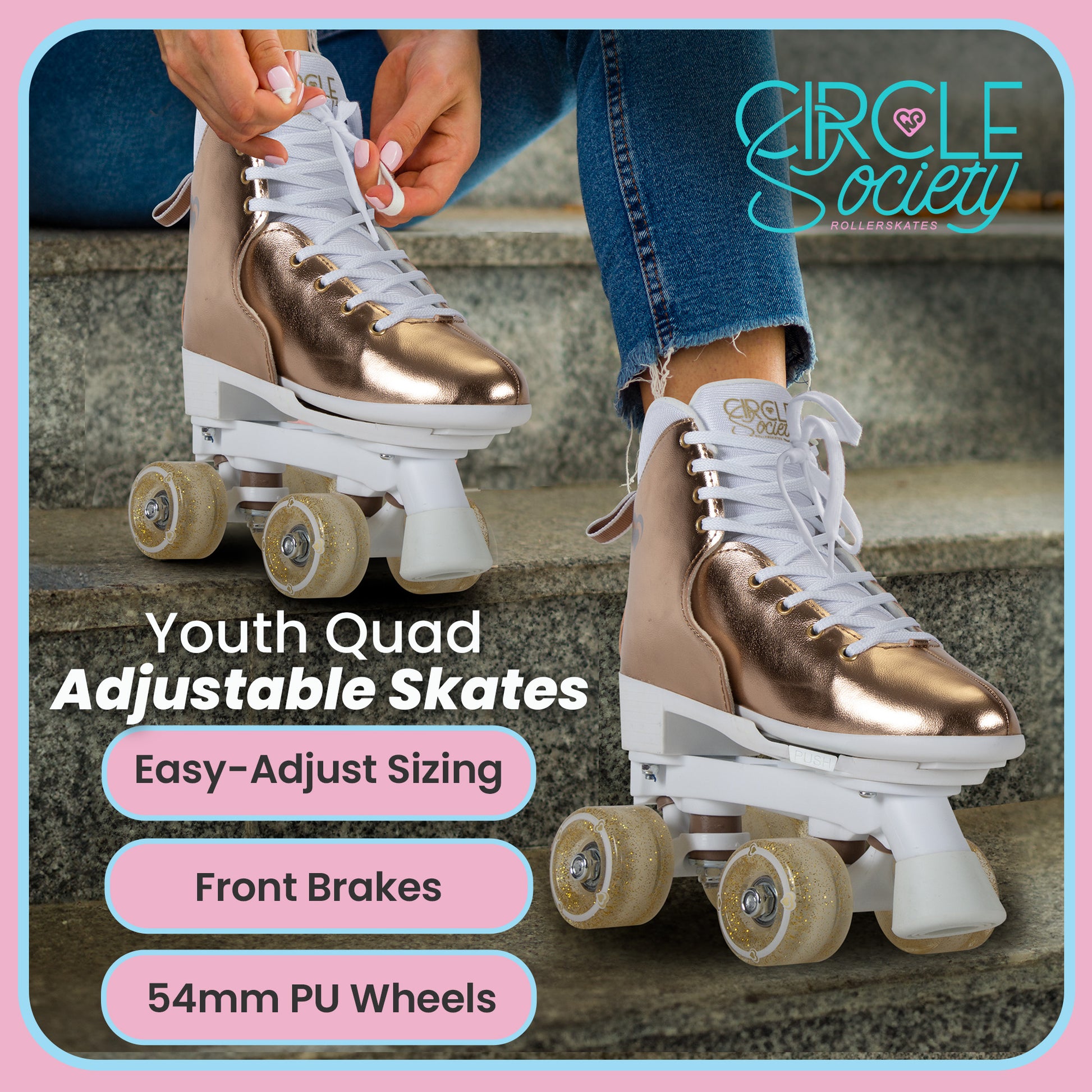 Adjustable rose gold roller skates designed for kids, perfect for indoor fun at home.