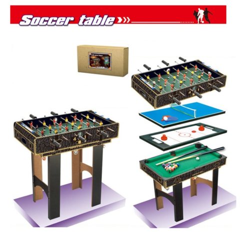 Multi-functional game table with soccer, pool, hockey, and table tennis for kids entertainment.