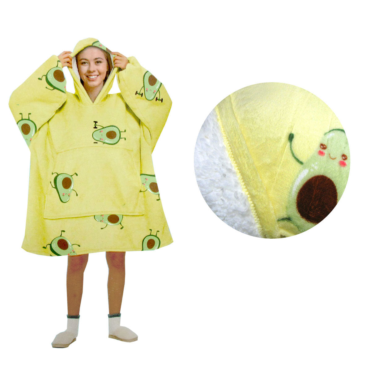 Yellow avocado sherpa hoodie blanket for kids - cozy, fun design for ultimate comfort.
