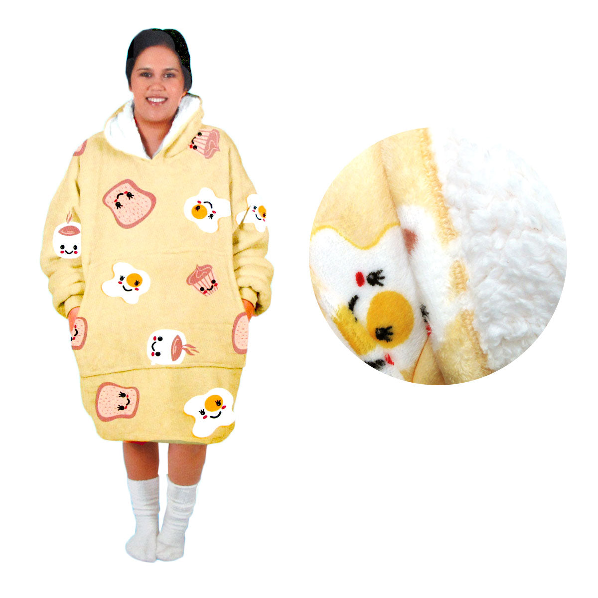 Sherpa fleece blanket hoodie for cozy breakfast time, featuring fun kid-friendly designs.