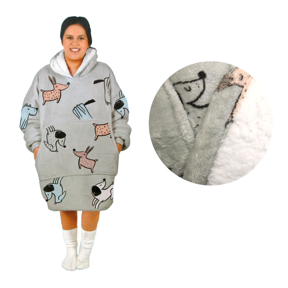 Grey dogs design Sherpa blanket hoodie for cozy, stylish comfort at home.